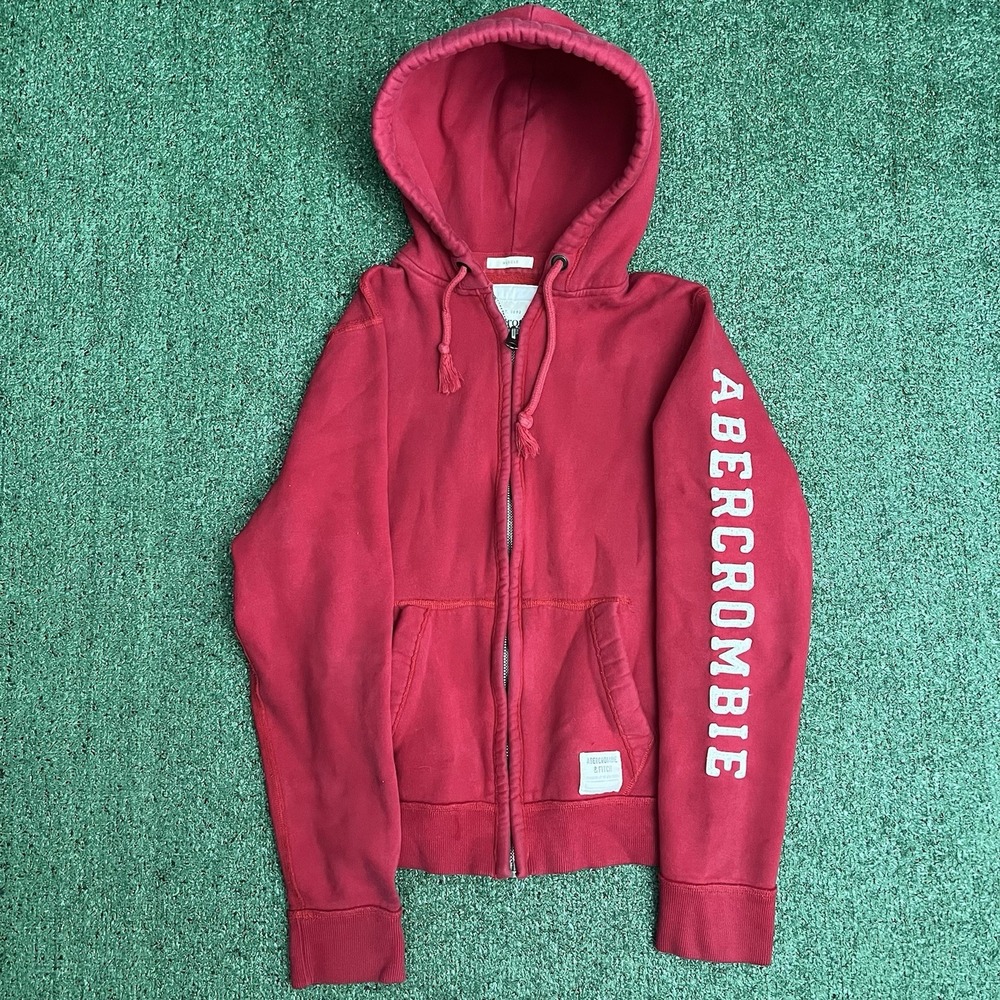 Vintage Y2K Abercrombie & Fitch Muscle Hoodie Large Red Full Zip Sleeve Spellout